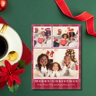 merry christmas 3 photos red buffalo plaid holiday postcard