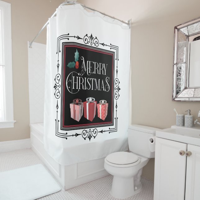Merry Christmas 3 Red Packages Art Deco Frame Shower Curtain (In Situ)