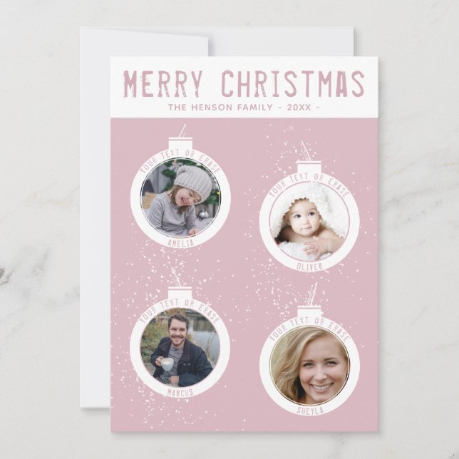 Merry Christmas 4 Balls Pink Family Photo Collage Holiday Card (Front)
