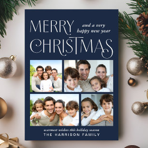 Merry Christmas 4 Photo Blue Holiday Card