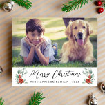 Merry Christmas 4 Photo Budget Holiday Card<br><div class="desc">Merry Christmas 4 photo budget-friendly holiday card. The front features your photo,  "Merry Christmas" in a contemporary script,  your family name in simple modern typography and watercolor bouquets of poinsettia flowers and winter greenery. On the reverse side,  add three additional photos,  your holiday message and your first names.</div>