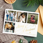 Merry Christmas 4 photo collage elegant script Holiday Card<br><div class="desc">Elegant stylish Merry Christmas faux gold classic calligraphy script four square family photos simple simple white holiday card with your custom personalised text on both sides. PLEASE NOTE that the background colour is editable. You can change it after selecting CUSTOMIZE option down below the PERSONALIZE IT menu. If you don't...</div>