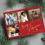 Merry Christmas 4 photo collage elegant script Holiday Card<br><div class="desc">Elegant stylish Merry Christmas faux gold classic calligraphy script four square family photos simple red holiday card with your custom personalised text on both sides. PLEASE NOTE that the background colour is editable. You can change it after selecting CUSTOMIZE option down below the PERSONALIZE IT menu. If you don't feel...</div>