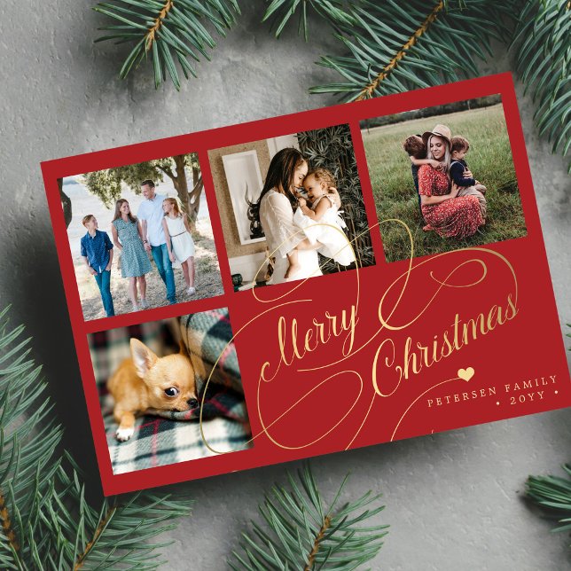 Merry Christmas 4 photo collage elegant script Holiday Card (Creator Uploaded)