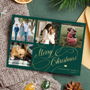 Merry Christmas 4 photo collage elegant script Holiday Card