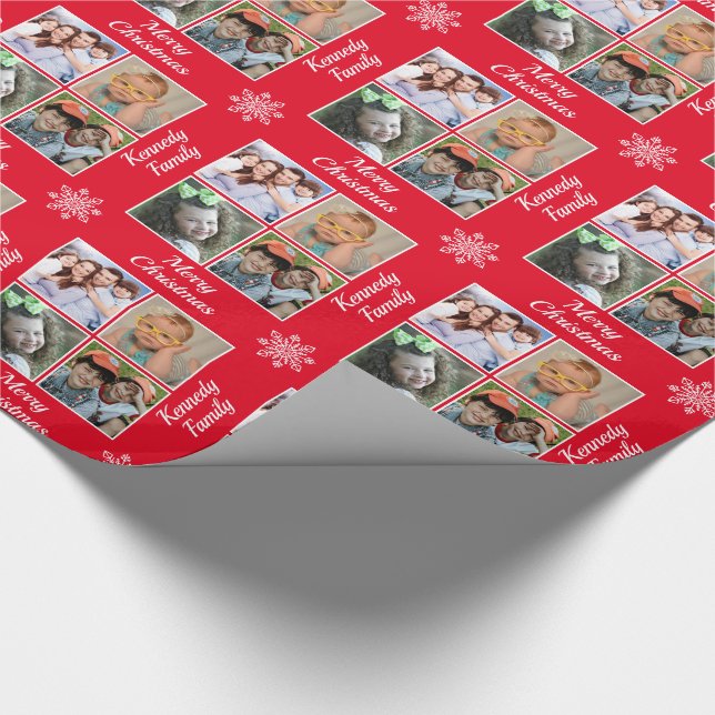 Merry Christmas 4 Photo Collage Family Name Red Wrapping Paper (Corner)