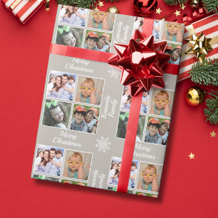 Merry Christmas 4 Photo Collage Family Name Taupe Wrapping Paper
