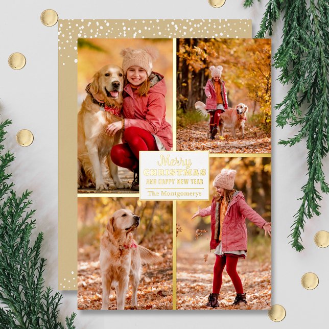 Merry Christmas 4 Photo Collage Gold Foil Holiday Card (Creator Uploaded)