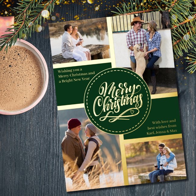Merry Christmas 4 Photo Collage Green and Gold Foil Holiday Card (Creator Uploaded)