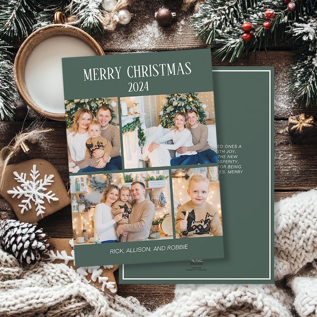 Merry Christmas 4 Photo Collage Green Holiday Card (Elegant, modern green 4-photo Christmas greeting card personalized with your own photos and text.)