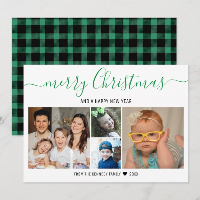 Merry Christmas 4 Photo Collage Green  Plaid Holiday Card (Front/Back)