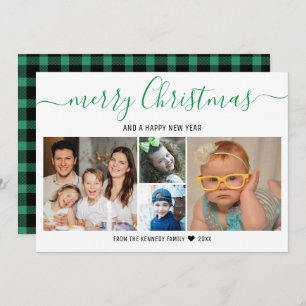 Merry Christmas 4 Photo Collage Green  Plaid Holiday Card