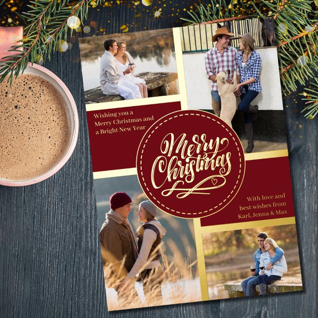 Merry Christmas 4 Photo Collage Red and Gold Foil Holiday Card (Creator Uploaded)