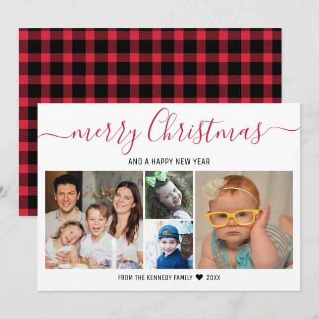 Merry Christmas 4 Photo Collage Red Buffalo Plaid Holiday Card (Front/Back)