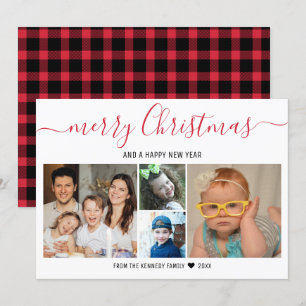Merry Christmas 4 Photo Collage Red Buffalo Plaid Holiday Card