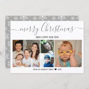 Merry Christmas 4 Photo Collage Silver Snowflakes Holiday Card