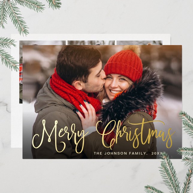 Merry Christmas 4 PHOTO Greeting Gold Foil Holiday Card (Creator Uploaded)