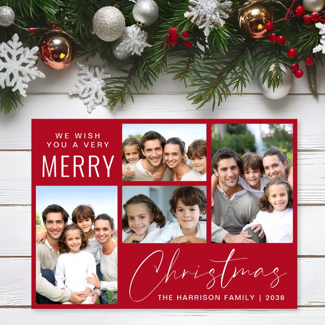 Merry Christmas 4 Photo Script Red Holiday Card (This holiday season, let your family's smiles and heartwarming memories shine on our 4 photo card)