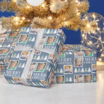 Merry Christmas 4 Photos Dusty Blue Wrapping Paper<br><div class="desc">This Christmas gift wrapping paper will add a fun personalised touch to your gift giving. The design offers 4 square photo frames and the text: Merry Christmas on a dusty blue background. The design is accented with small green and white trees.</div>