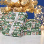 Merry Christmas 4 Photos Green Christmas  Wrapping Paper<br><div class="desc">This Christmas gift wrapping paper will add a fun personalised touch to your gift giving. The design offers 4 square photo frames and the text: Merry Christmas on a dark green background. The design is accented with small green and white trees.</div>