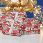 Merry Christmas 4 Photos Red Christmas Wrapping Paper<br><div class="desc">This Christmas gift wrapping paper will add a fun personalised touch to your gift giving. The design offers 4 square photo frames and the text: Merry Christmas on a dark red background. The design is accented with small green and white trees.</div>