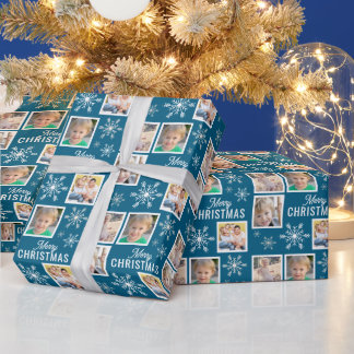 Merry Christmas 4 Photos Snowflake Christmas Blue Wrapping Paper