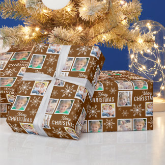 Merry Christmas 4 Photos Snowflake Christmas Brown Wrapping Paper