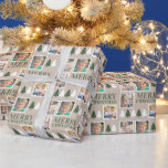 Merry Christmas 4 Photos Tan Christmas Wrapping Paper<br><div class="desc">This Christmas gift wrapping paper will add a fun personalised touch to your gift giving. The design offers 4 square photo frames and the text: Merry Christmas on a light tan background. The design is accented with small green and white trees.</div>