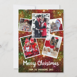 Merry Christmas 5 Family Photo Collage   Sparkles Holiday Card