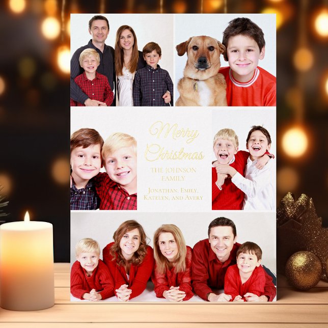Merry Christmas 5 Photo Collage Elegant Gold Foil Holiday Card (Creator Uploaded)