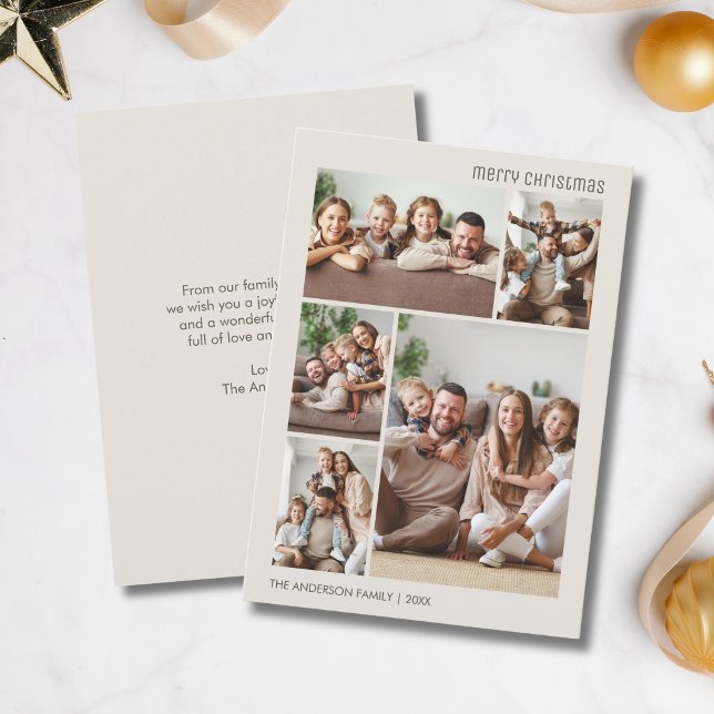 Merry Christmas 5 Photo Collage Family Neutral Holiday Card (Merry Christmas 5 Photo Collage Family Neutral Holiday Card)