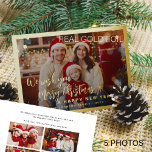 Merry Christmas 5 photo collage gold Foil Holiday Card<br><div class="desc">Simple minimal stylish five custom family photos "Merry Christmas and A Happy New Year" (changeable) typography script text overlay horizontal Christmas holiday card template with a real gold foil frame and snowflakes. Easy to personalise with your pictures, text, name signature, and wishes on both sides! Please note that the foil...</div>