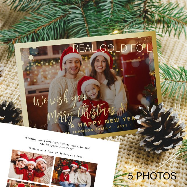 Merry Christmas 5 photo collage gold Foil Holiday Card (Creator Uploaded)