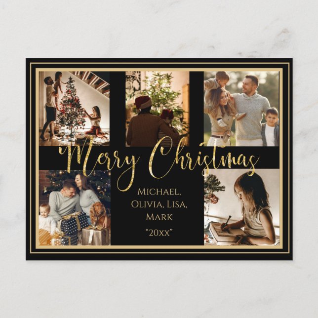 Merry Christmas 5 Photo Collage Gold Script Holiday Postcard (Front)