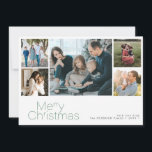Merry Christmas 5 photo collage modern Holiday Card<br><div class="desc">Simple minimalist green typography 5 custom photos,  family name,  and text personalised elegant Christmas holiday card.</div>