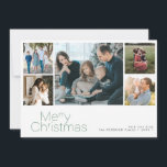 Merry Christmas 5 photo collage modern Holiday Card<br><div class="desc">Simple minimalist green typography 5 custom photos,  family name,  and text personalised elegant Christmas holiday card.</div>