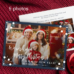 Merry Christmas 5 photo collage navy blue Holiday Card<br><div class="desc">Simple minimal stylish five custom family photos "Merry Christmas and A Happy New Year" (changeable) typography script text overlay horizontal Christmas holiday card template with a dark navy blue frame and white snowflakes.                       Easy to personalise with your pictures,  text,  name signature,  and wishes on both sides!</div>