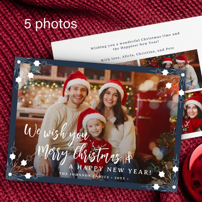 Merry Christmas 5 photo collage navy blue Holiday Card (Creator Uploaded)