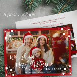 Merry Christmas 5 photo collage red Holiday Card<br><div class="desc">Simple minimal stylish five custom family photos "Merry Christmas and A Happy New Year" (changeable) typography script text overlay horizontal Christmas holiday card template with a bright red frame and snowflakes.                       Easy to personalise with your pictures,  text,  name signature,  and wishes on both sides!</div>