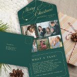 Merry Christmas 5 photo collage rustic green card<br><div class="desc">Elegant stylish year in review Merry Christmas faux gold classic calligraphy script five family photos forest green holiday card with your custom personalised text on both sides.</div>
