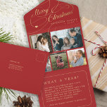 Merry Christmas 5 photo collage rustic red card<br><div class="desc">Elegant stylish year in review Merry Christmas faux gold classic calligraphy script five family photos red holiday card with your custom personalised text on both sides.</div>