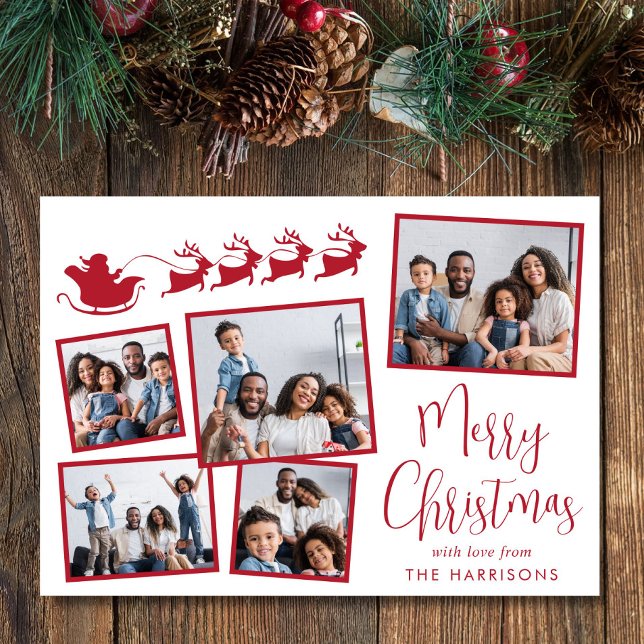 Merry Christmas 5 Photo Collage Santa Sleigh Holiday Card (Share the love and warmth of the holiday season with this personalized photo Christmas card)