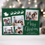 Merry Christmas 5 Photo Santa Sleigh Green Holiday Card<br><div class="desc">Festive green holiday card featuring a 5 photo collage of scattered pictures in white frames,  a silhouette of reindeers flying Santa's sleigh,  "Merry Christmas" in a stylish white script and your name in modern white typography.</div>