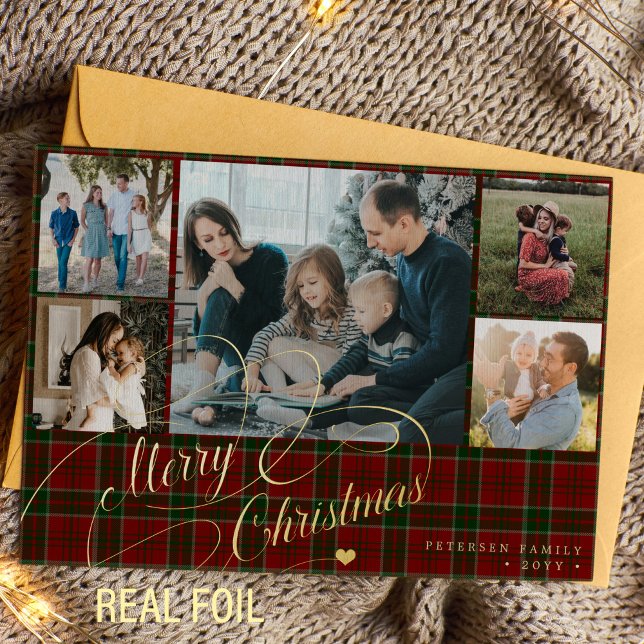 Merry Christmas 5 photos elegant script red plaid  Foil Holiday Card (Creator Uploaded)