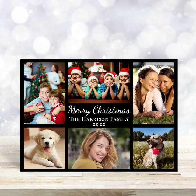 Merry Christmas 6 Photo Collage Black Holiday Card (This holiday season, let your family's smiles and heartwarming memories shine on our 6 photo card)