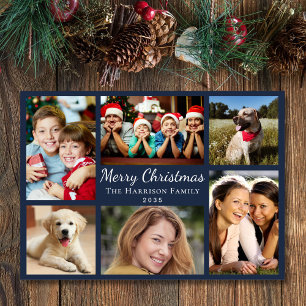 Merry Christmas 6 Photo Collage Blue Holiday Card