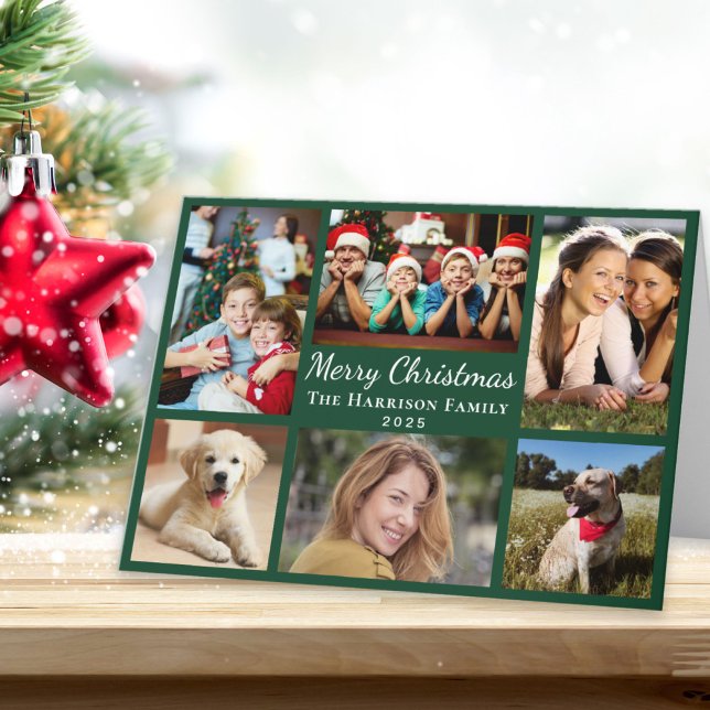 Merry Christmas 6 Photo Collage Green Holiday Card (This holiday season, let your family's smiles and heartwarming memories shine on our 6 photo card)