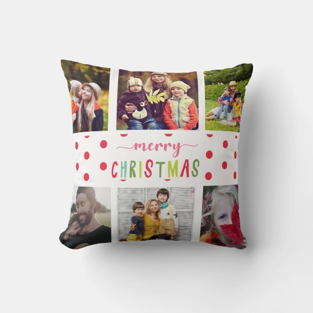Merry Christmas 6 photo family collage colourful Cushion (Front)