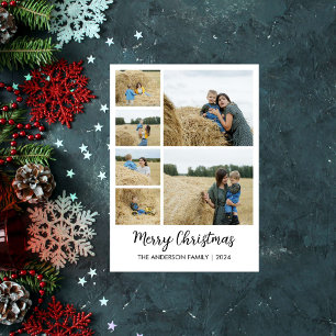 Merry Christmas 6-Photo Grid with Family Name Holiday Card