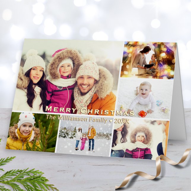 Merry Christmas 6 Photos Collage Personalised Foil Holiday Card (A stylish and modern Christmas card featuring a gallery of 6 of your own photos and foil custom text)